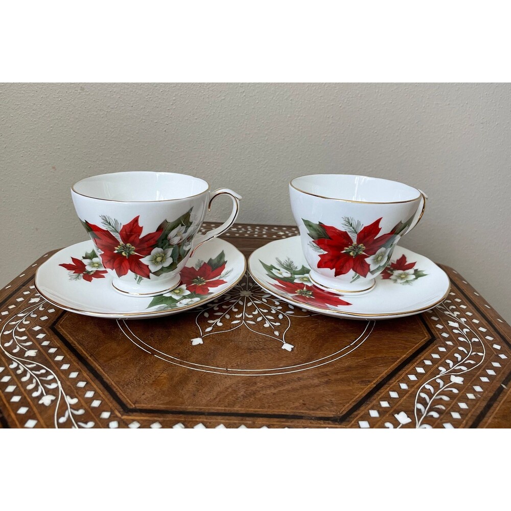 Vintage Duchess Fine Bone China Cup And Saucer Poinsettia England Set of 2